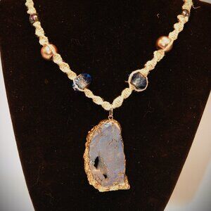 Unique Blue Metallic Stone on a 15 1/4" Handmade Brown Hemp Choker